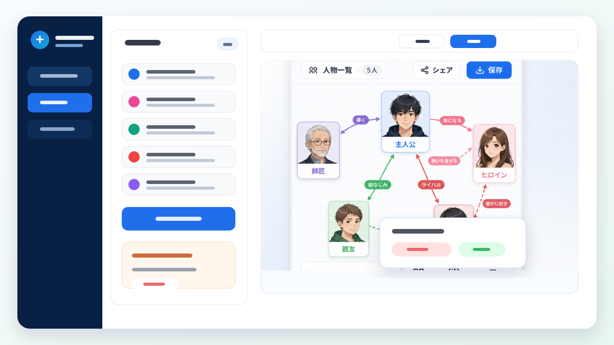 人物カード、関係線、保存ボタンが見える相関図メーカーの編集画面
