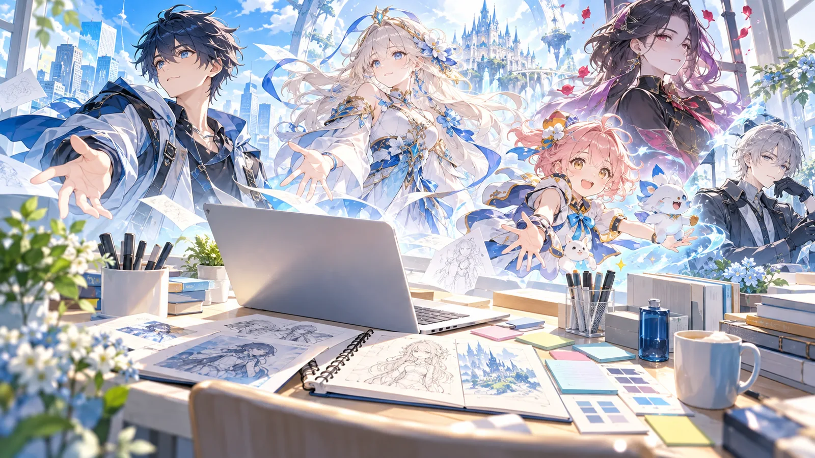 Original characters gathered around a sketchbook and laptop
