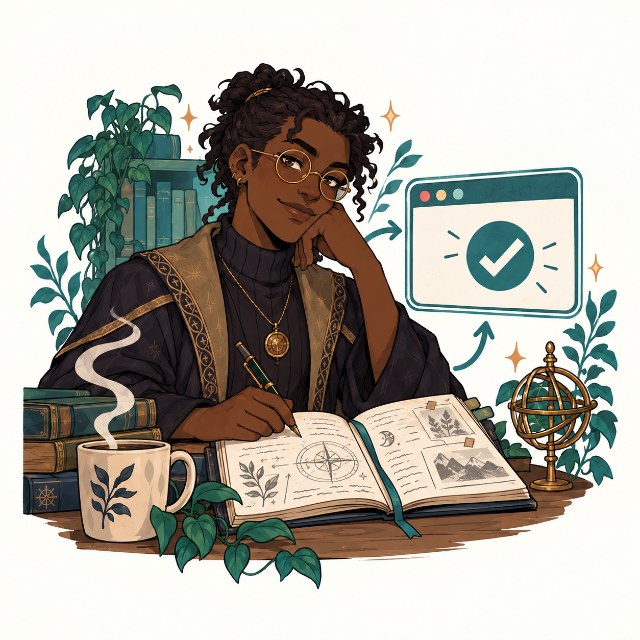 Illustration of a story writer and a browser checkmark for returning to saved work