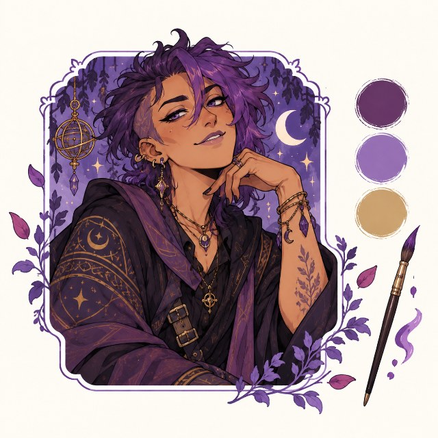 Illustration of an original character with color swatches and a paintbrush