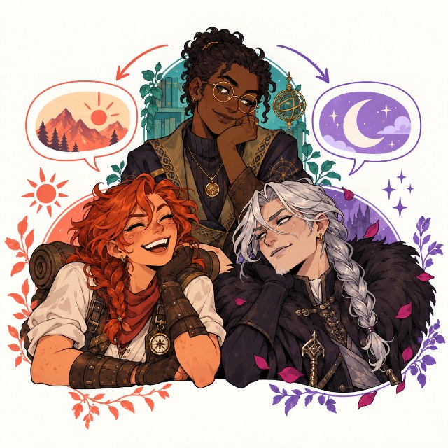 Illustration of three original characters sharing their stories