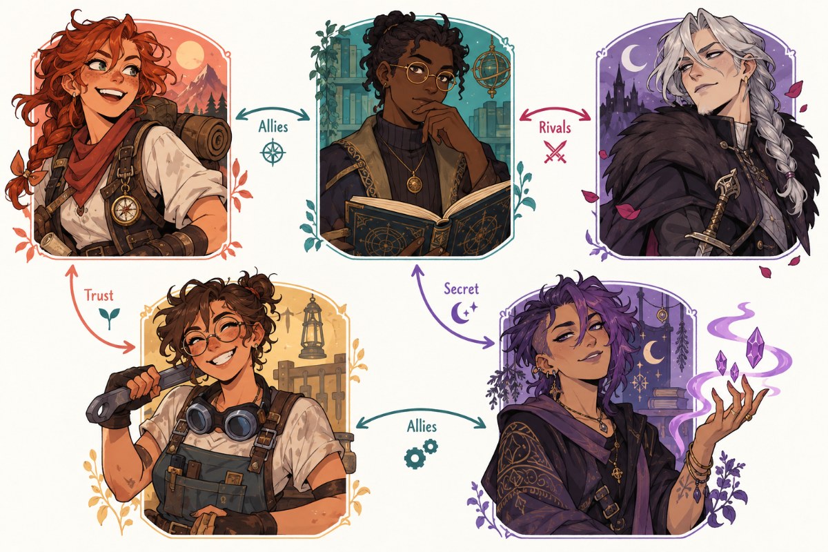 Illustration of five original characters connected by allies, rivals, trust, and secret relationships