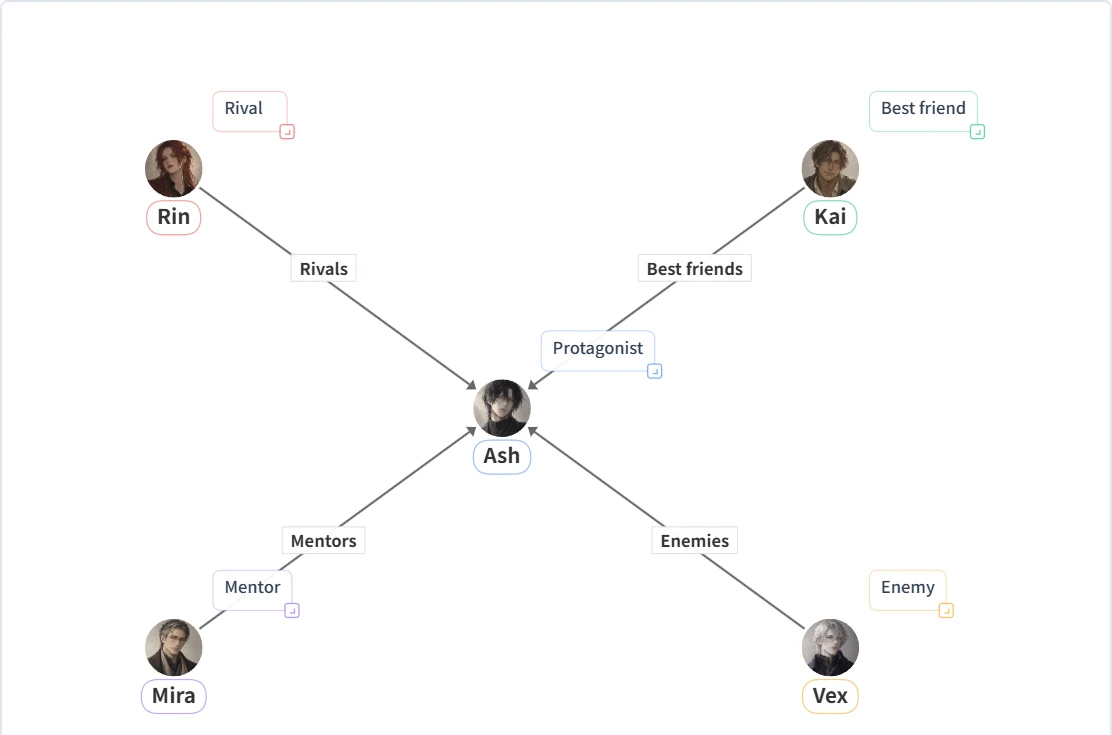 A protagonist, rival, best friend, mentor, and enemy linked on a character chart