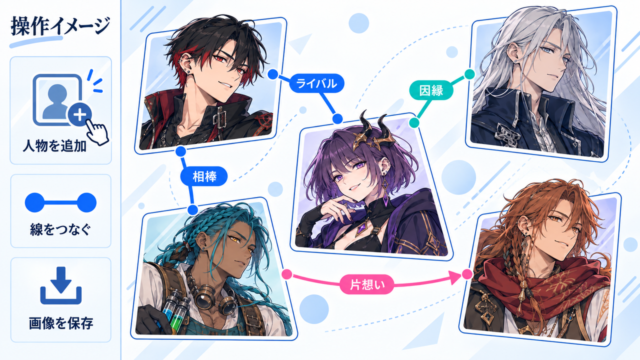 5人の創作キャラを相関図に並べ、人物の追加、線の接続、画像保存を示した操作イメージ。