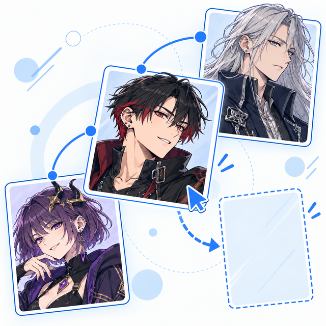 黒髪、銀髪、紫髪の創作キャラのカードを、関係線を保ちながらドラッグして配置するイメージ