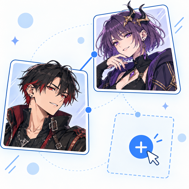 二人の創作キャラのカードと追加操作で、相関図を作り始めるイメージ