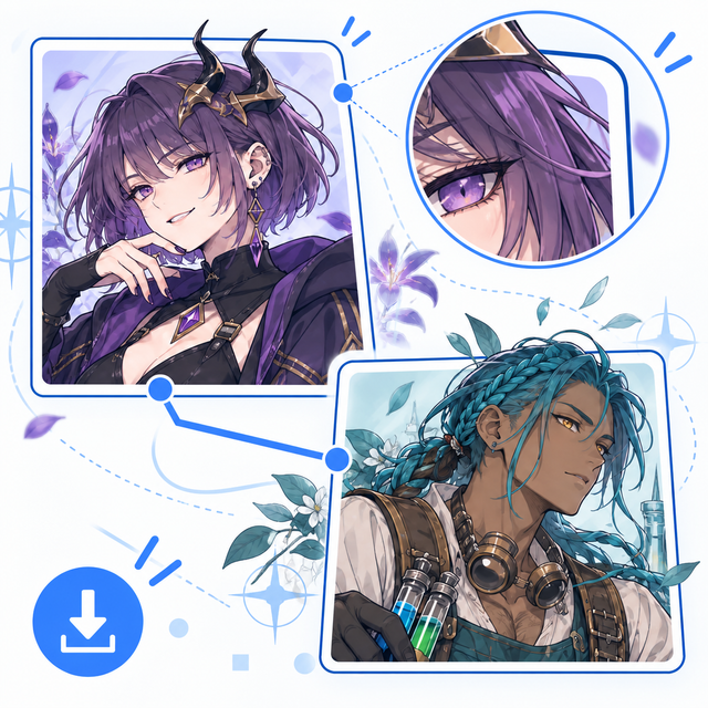 創作キャラ相関図を画像保存し、人物絵と関係線の細部をくっきり確認するイメージ