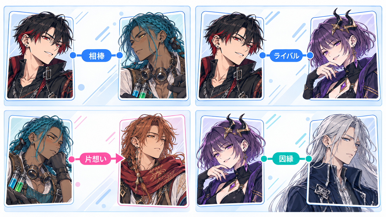 創作キャラ同士の相棒、ライバル、片想い、因縁を、表情と線で示した4つのミニ相関図。