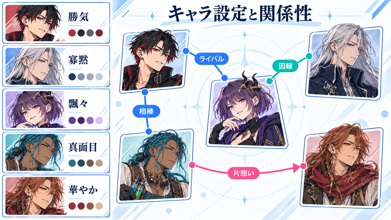 5人の創作キャラの外見や性格を示す設定カードと、同じ5人をつなぐ物語の相関図。