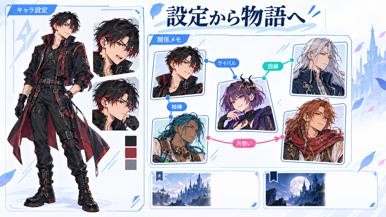 黒髪に赤い差し色を入れた創作キャラの全身設定シートと、5人の関係メモを組み合わせて物語を考えるイラスト。