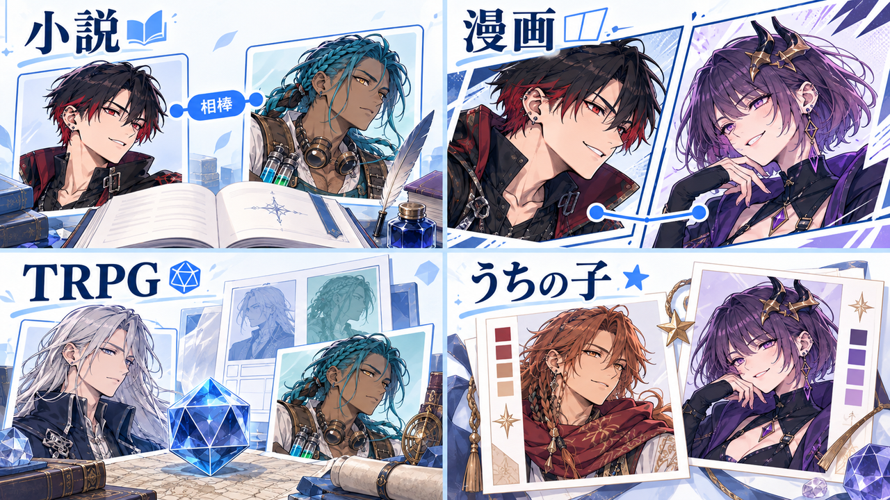 同じ創作キャラたちを小説、漫画、TRPG、うちの子の設定に活用する4つの場面。