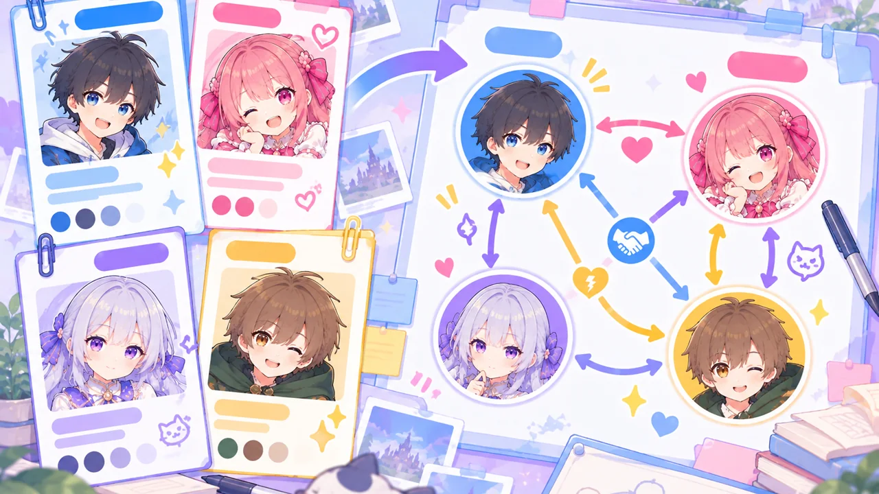 4人のキャラの設定カードと、同じ4人をつなぐ相関図。