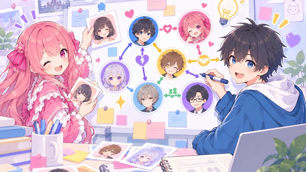 2人のキャラがボードに人物アイコンを貼り、関係線でつないで相関図を作るイラスト