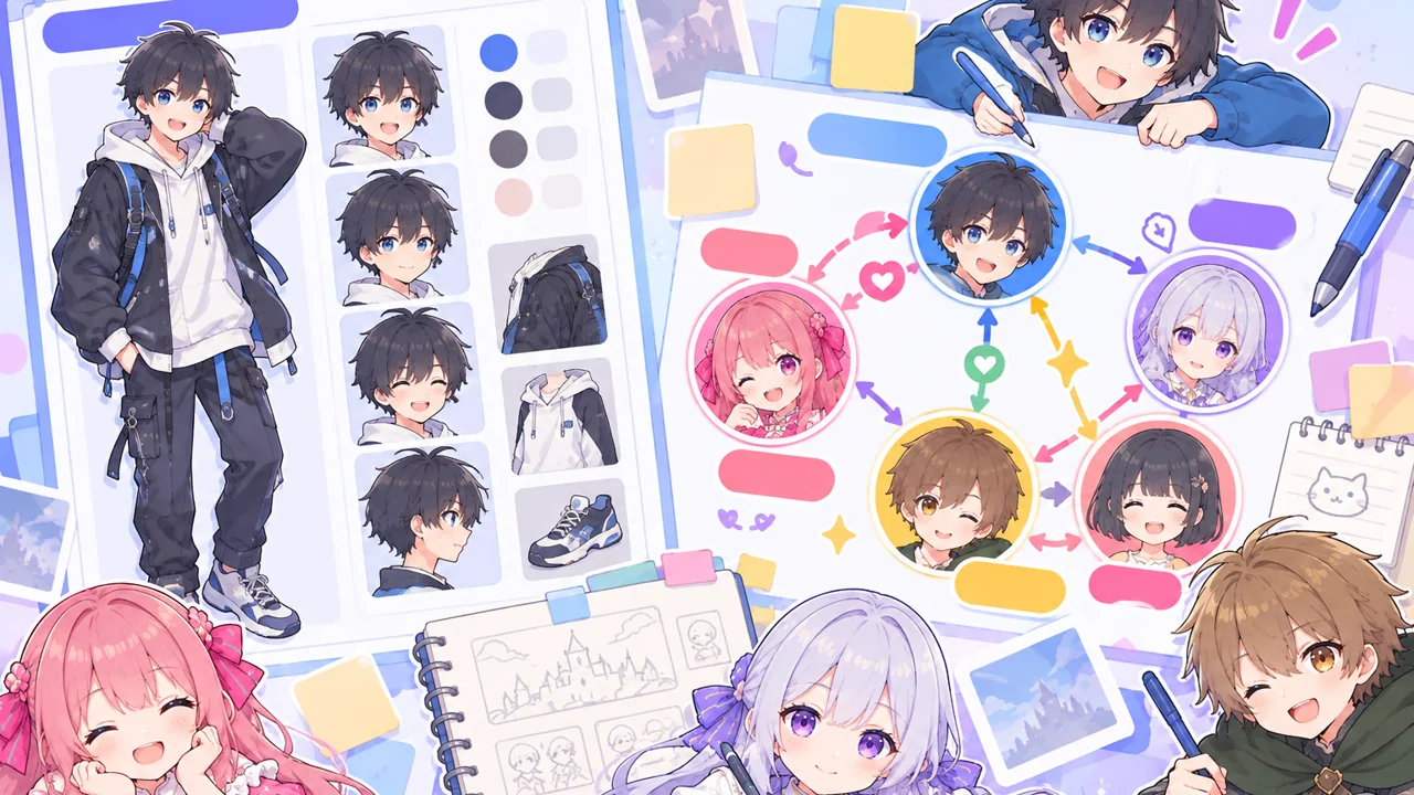 黒髪のキャラの全身設定シートと、4人の関係メモを組み合わせて物語を考えるイラスト。