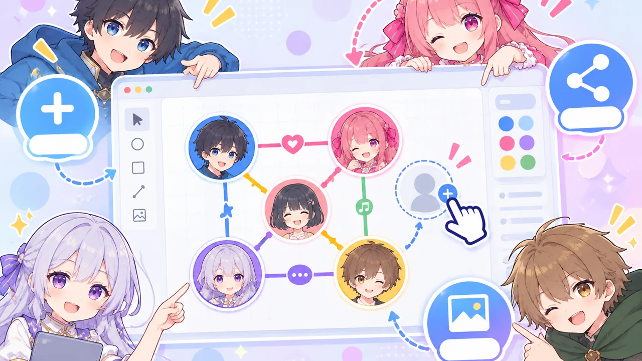 4人のキャラを相関図に並べ、人物の追加、線の接続、画像保存を示した操作イメージ。