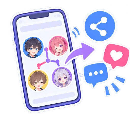 スマホに表示した相関図を、メッセージやSNSで共有するイメージ