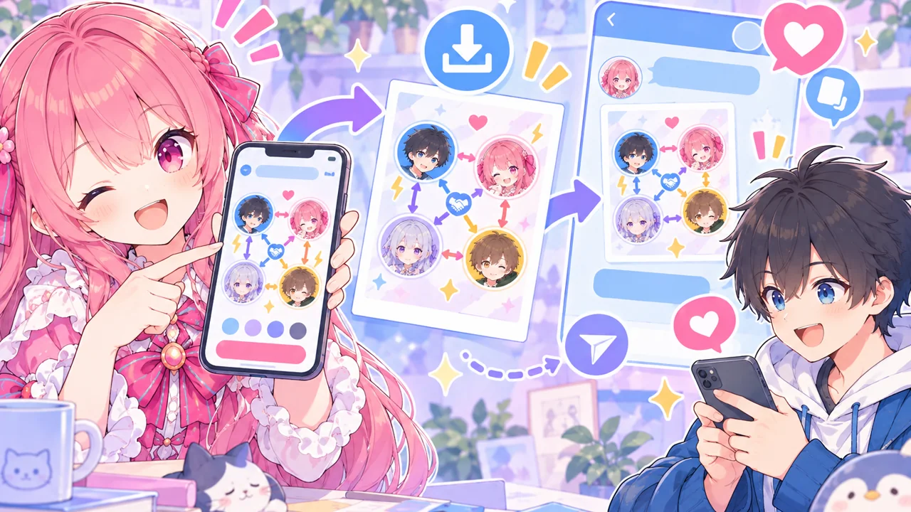 スマホで作った4人のキャラ相関図を画像として保存し、メッセージで共有する流れ。