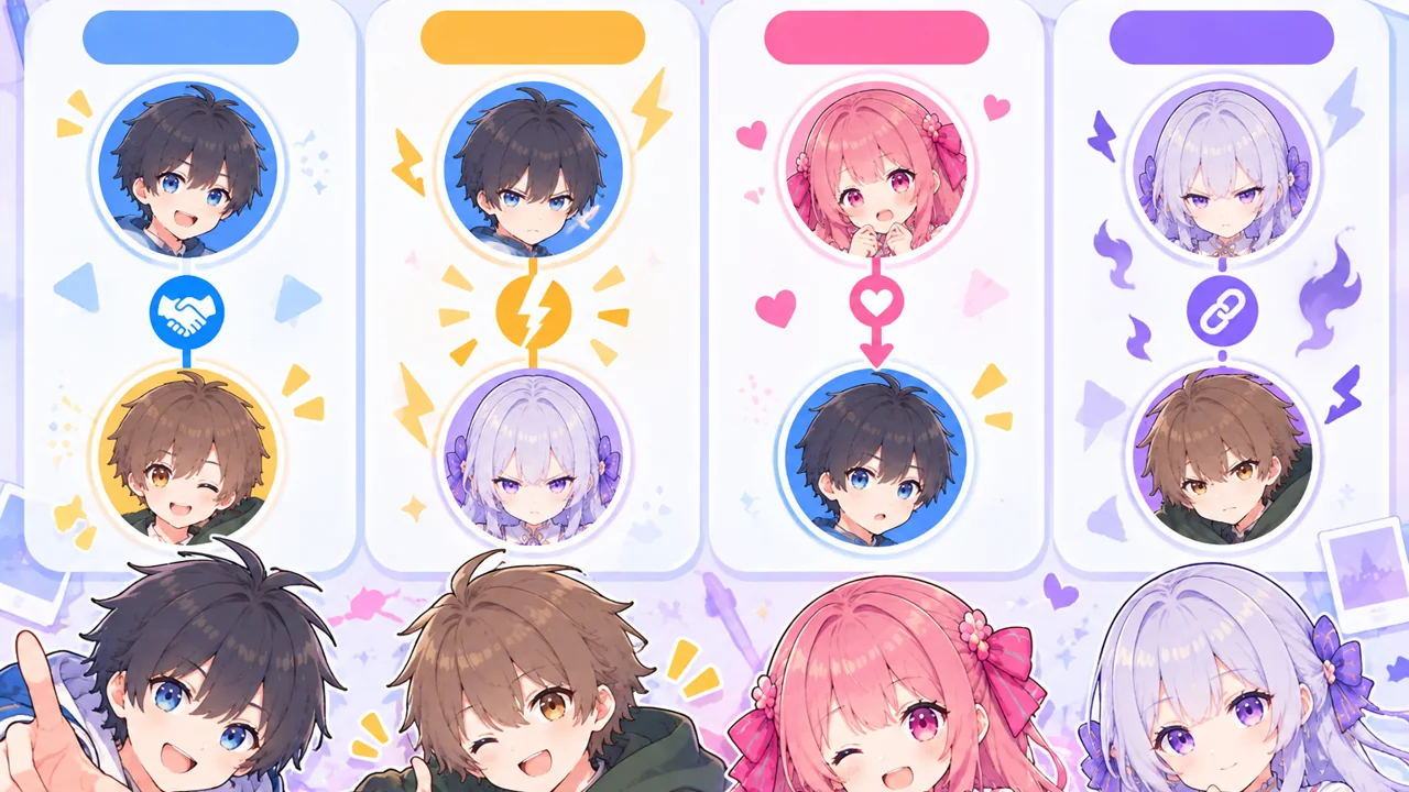 キャラ同士の相棒、ライバル、片想い、因縁を、表情と線で示した4つのミニ相関図。