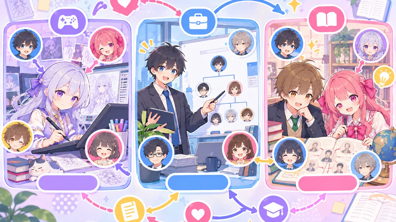 創作・仕事・学習の3つの場面を、関係線がつなぐイラスト