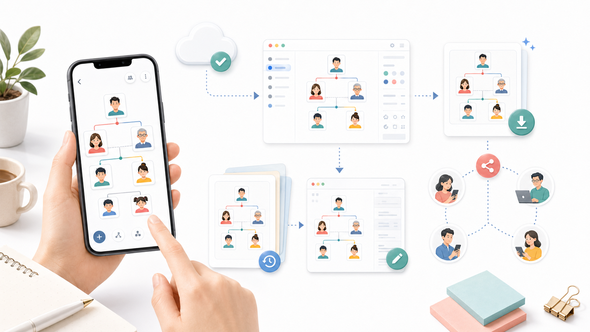スマホで相関図を作成し保存や共有まで進めるイメージ