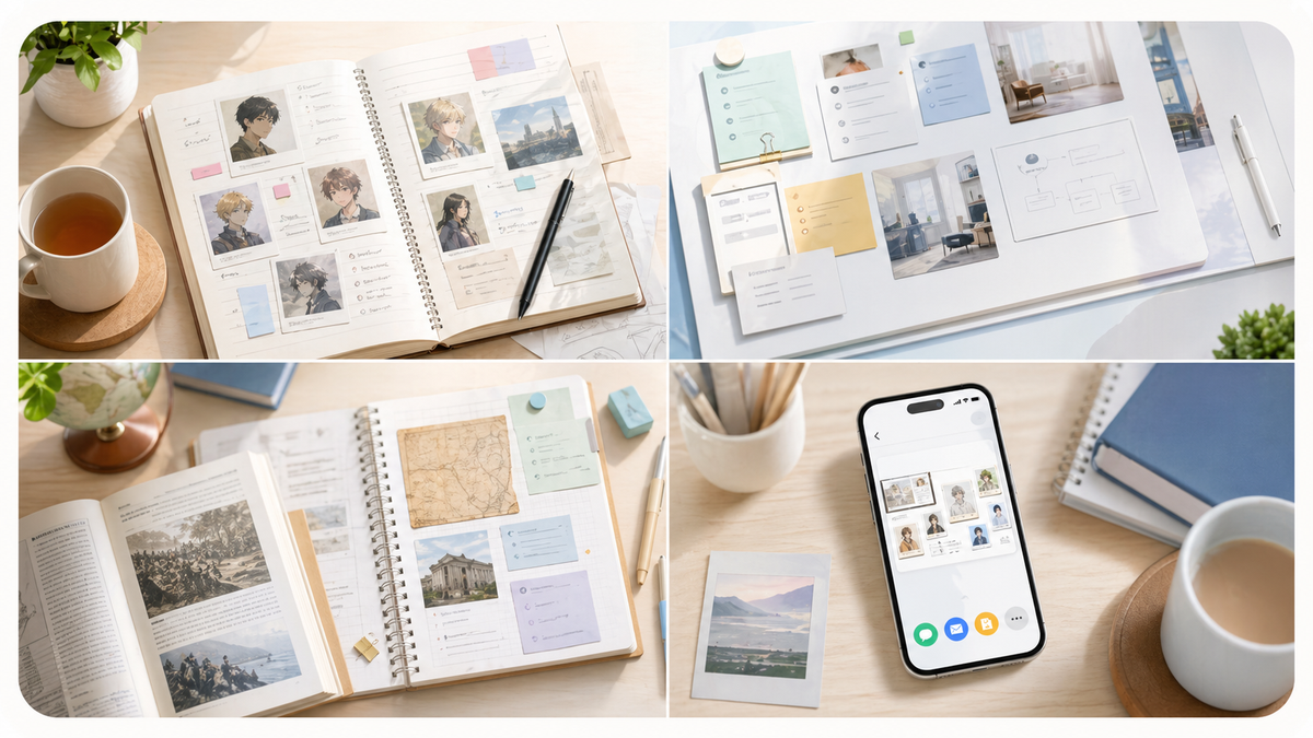 創作ノート、仕事資料、学習メモ、スマホ共有で相関図を活用するイメージ