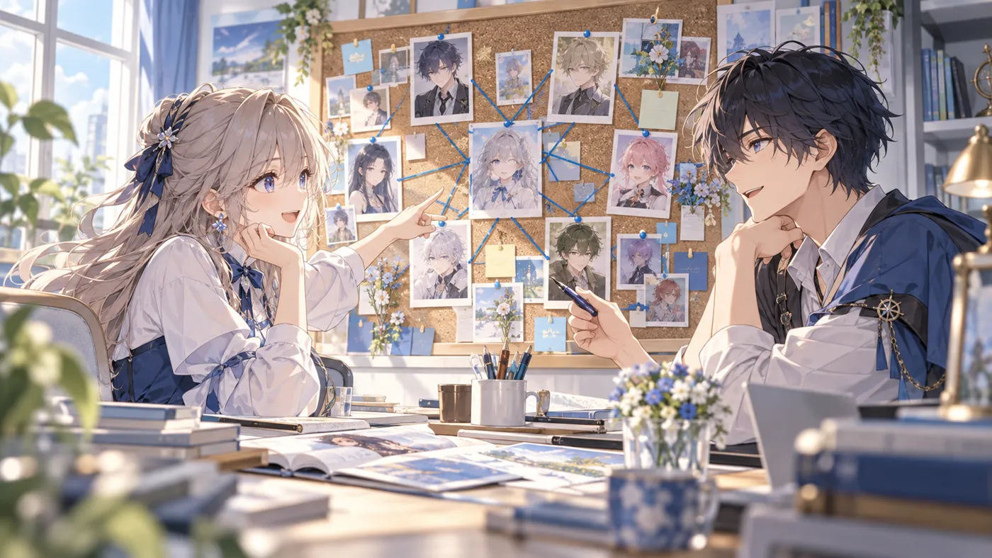 Two characters pointing at a corkboard where portrait cards are linked by string