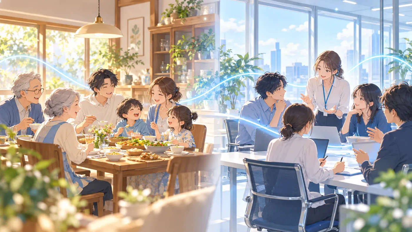 A family dinner and a team meeting connected by a soft blue line